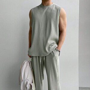 Light Grey Casual Mens Solid Tank Top & Drawstring Waist Pants